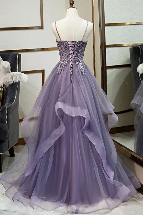 A line V neck Purple Tulle Spaghetti Straps Prom Dress With Lace Appliques KPP1372