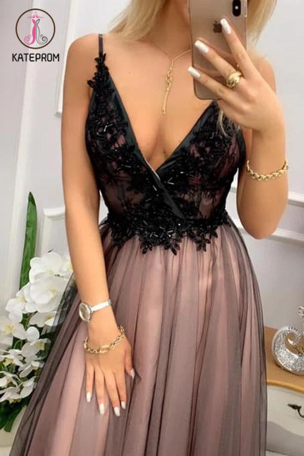 Black V Neck Tulle Long Prom Dress with Appliques, Floor Length Backless Formal Dress KPP1145