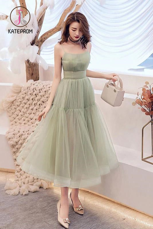 Simple Green Tulle Spaghetti Strap Sleeveless Pleated Prom Dresses, A Line Party Dress KPP1001