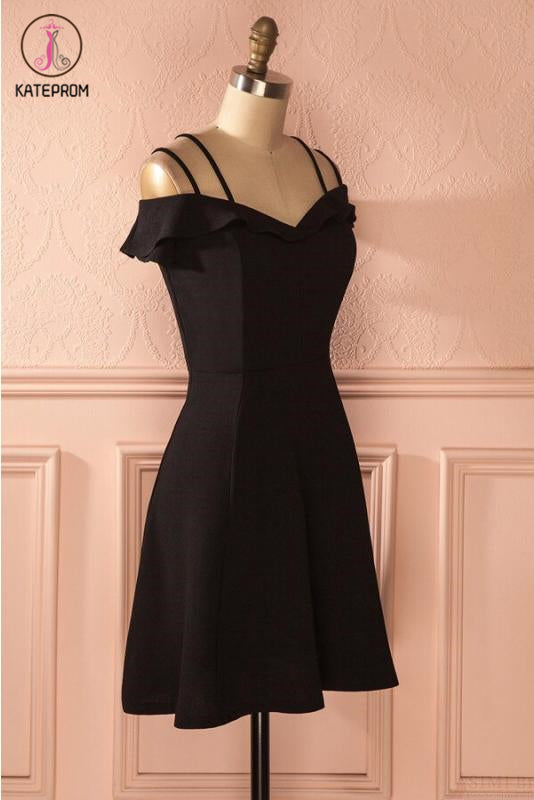 Simple Strap Black Short Satin Graduation Dresses, A Line Ruched Homecoming Dress KPH0412