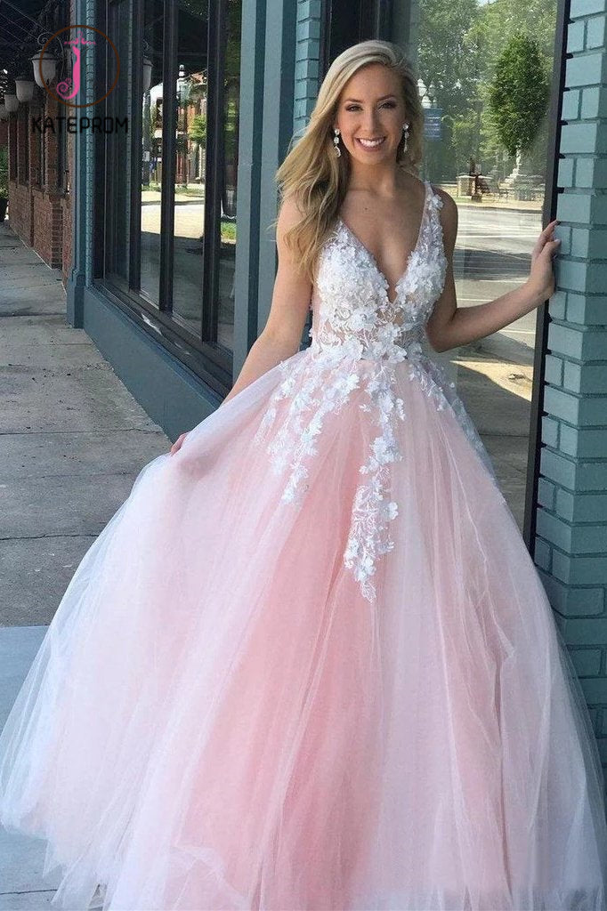 Stunning Lace Applique Long Prom Dresses Quinceanera Dress with Flowers KPP0976