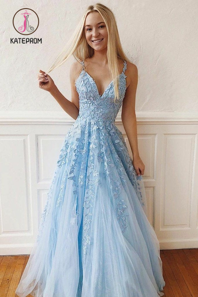 Light Sky Blue Straps V Neck Prom Dress with Lace, Backless Long Formal Dresses KPP0919