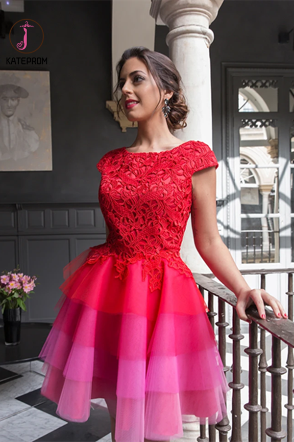Red A-line Scoop Homecoming Dress Tulle Short Prom Drsess KPP1334
