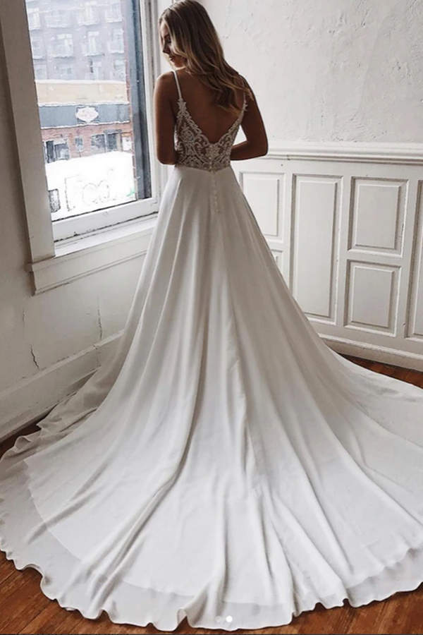 White Chiffon A-line V-neck Lace Spaghetti Straps Sweep Train Wedding Dress KPW0670