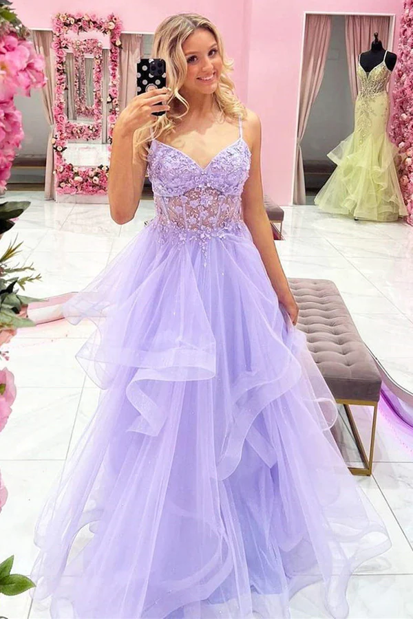 Gorgeous V Neck Beaded Purple Lace Floral Long Prom Dresses KPP1686
