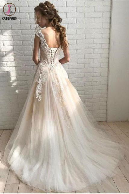 Ivory Elegant Sheer Neck Cap Sleeves Tulle Beach Wedding Dress with Lace Applique KPW0581