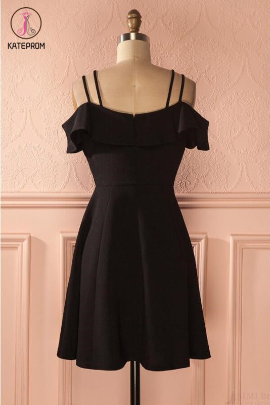 Simple Strap Black Short Satin Graduation Dresses, A Line Ruched Homecoming Dress KPH0412