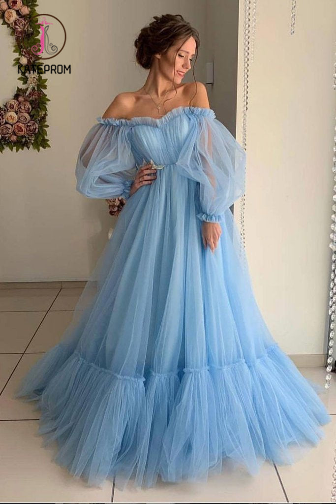 A Line Long Sleeve Off the Shoulder Long Prom Dress, Blue Tulle Floor Length Formal Dress KPP0896
