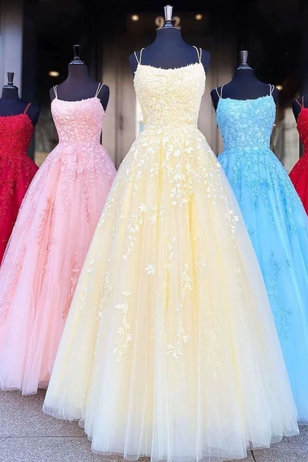 A Line Tulle Yellow Spaghetti Straps Prom Dresses with Appliques, Party Dress KPP1376