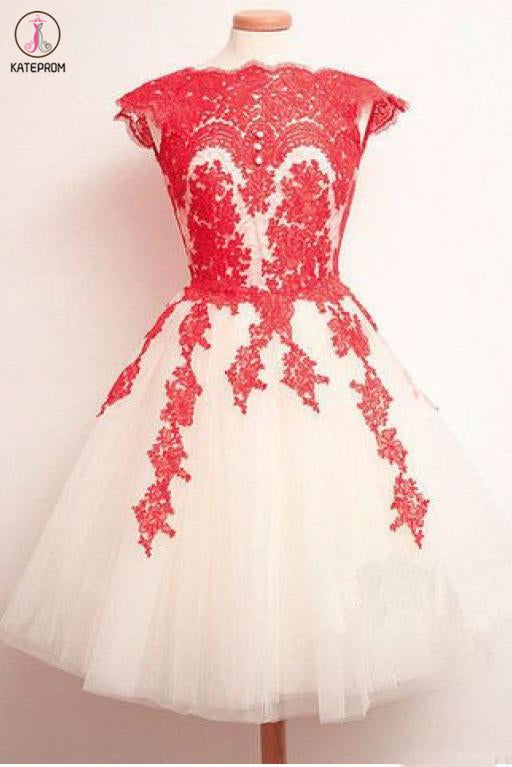 Knee Length Lace Applique Short Tulle Prom Dresses, A Line Ivory Homecoming Party Dresses KPH0453