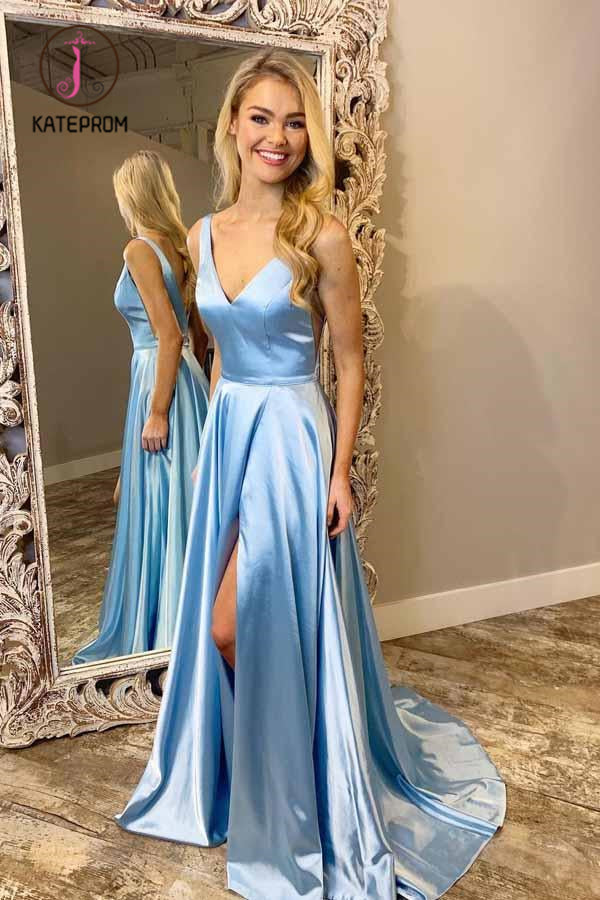 Light Blue V Neck Simple Prom Gown, A Line Sleeveless Formal Dress with Train KPP0901