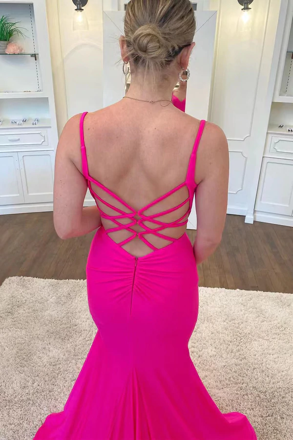 Hot Pink Satin V Neck Backless Mermaid Prom Dress,Formal Evening Gown KPP1603