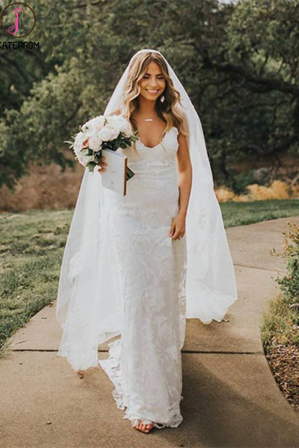 Rose Lace Sheath Wedding Dresses Spaghetti Strap Boho Beach Wedding Dress KPW0618