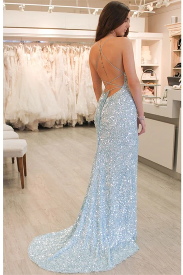 Eye Catching Sequin Lace Spaghetti Straps Neckline Sheath Prom Dress KPP1362