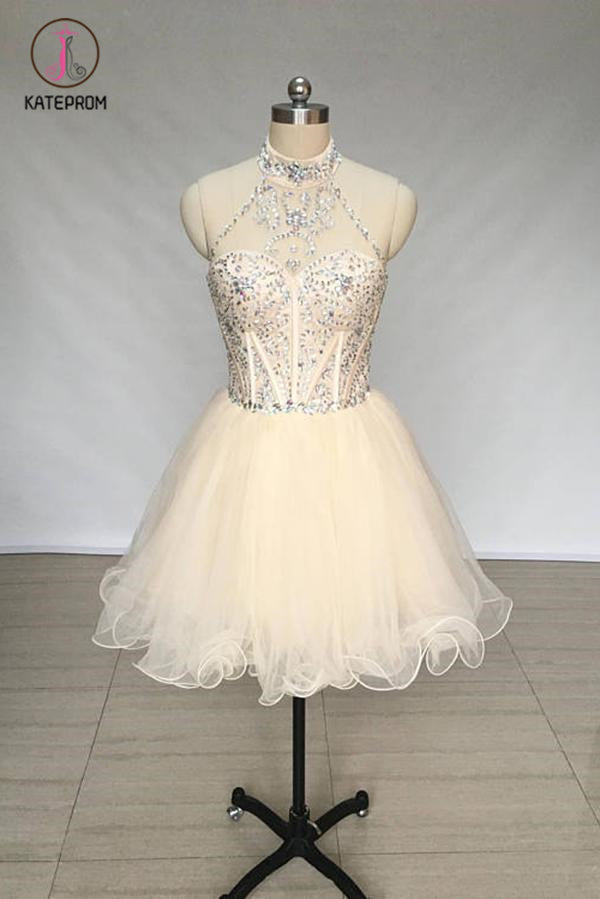 A Line High Neck Tulle Beading Mini Homecoming Dress, Short Prom Dress with Beads KPH0344