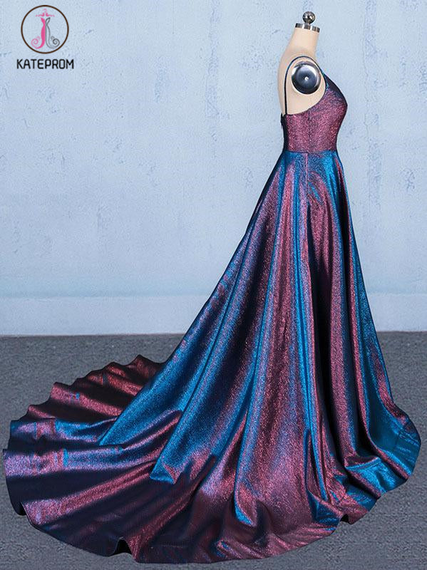 A Line V Neck Sleeveless Prom Dress, Spaghetti Straps Long Evening Dresses KPP1082