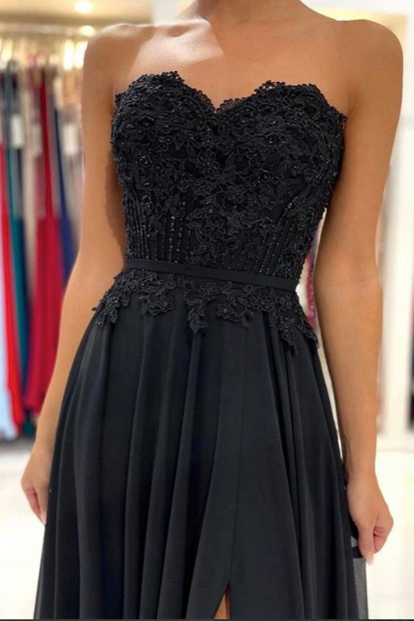 Black Chiffon Lace A line Sweetheart Prom Dresses, Long Formal Dress KPP1584