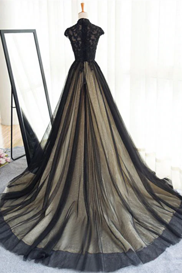 Chic A line High Neck Black Tulle Floor Length Modest Prom Dress Evening Dress KPP1546
