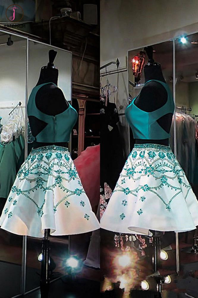 A Line Two Piece Turquoise Short Homecoming Dresses with Beading, Formal Short Prom Dresses KPH0460