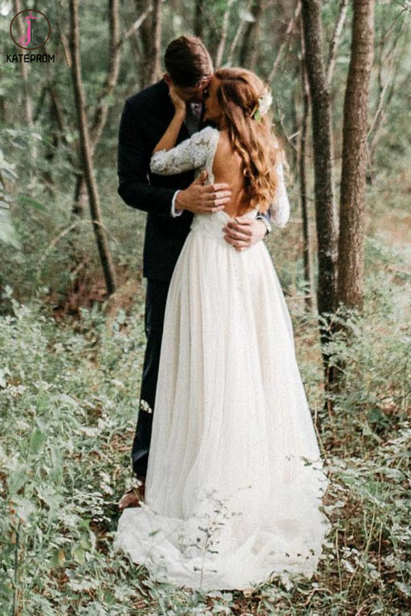 A-Line V-Neck Half Sleeves Backless Tulle Wedding Dress with Lace Appliques KPW0557