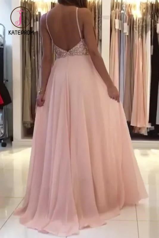Blush Pink Chiffon Prom Dress with Beading Rhinstone, Flowy Backless Graduation Dress KPP0928