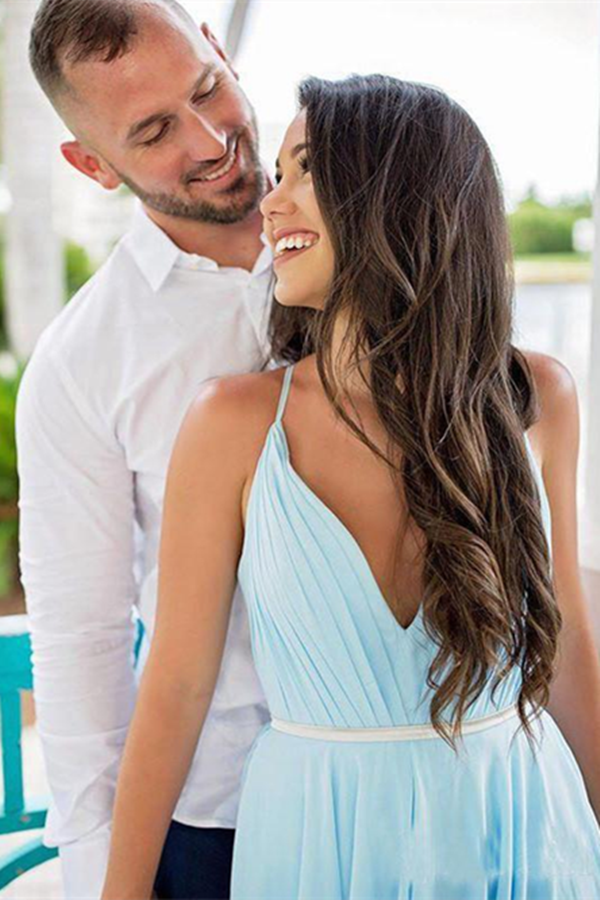 Thigh Split Sky Blue Rustic Wedding Dresses Beach Wedding Gown with Court Train KPW0665