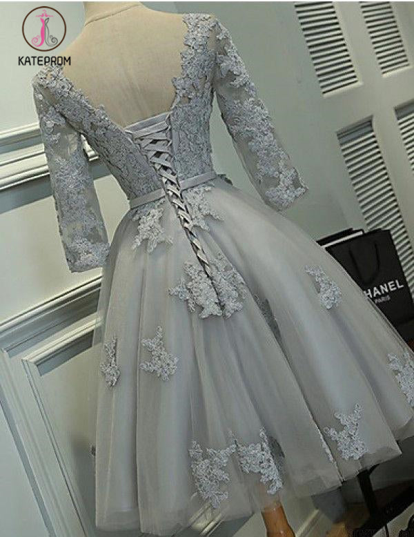 Grey A-line Bateau Knee-length Lace Appliques Tulle Homecoming Dress with Belt KPH0276