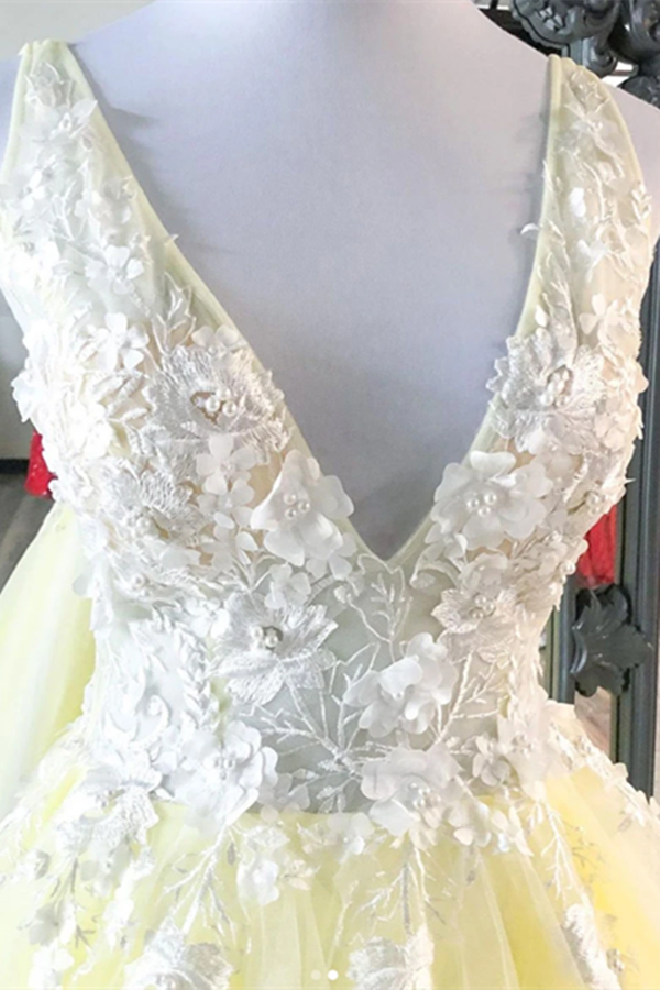 Yellow V Neck Tulle Lace Long Prom Dress Yellow Formal Dress KPP1370