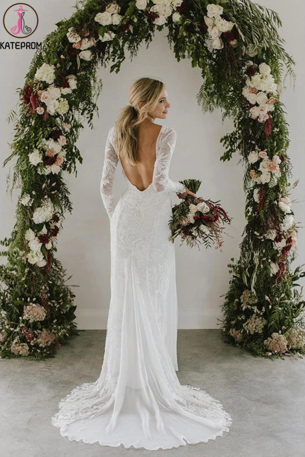 Sheath A Line Long Sleeves Ivory Rustic Lace Backless Scoop Neck Beach Wedding Dresses KPW0612