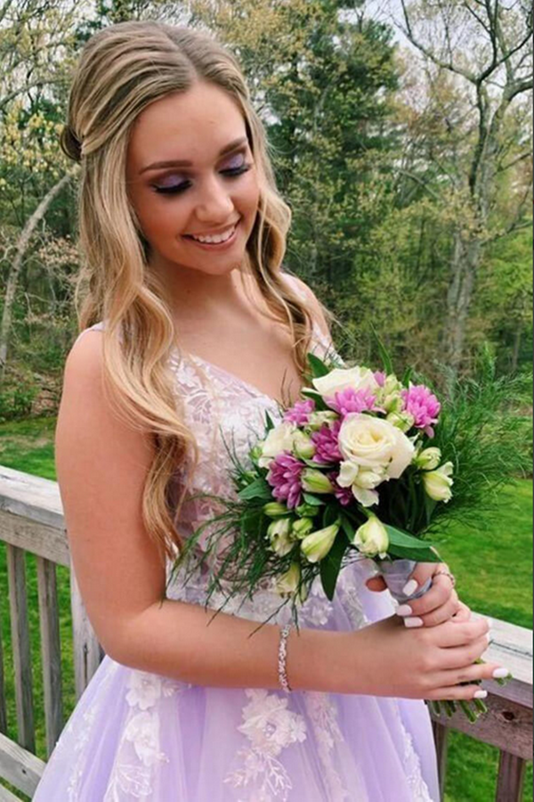 Lilac A line V neck Evening Dress, Long Prom Dresses With Appliques KPP1400