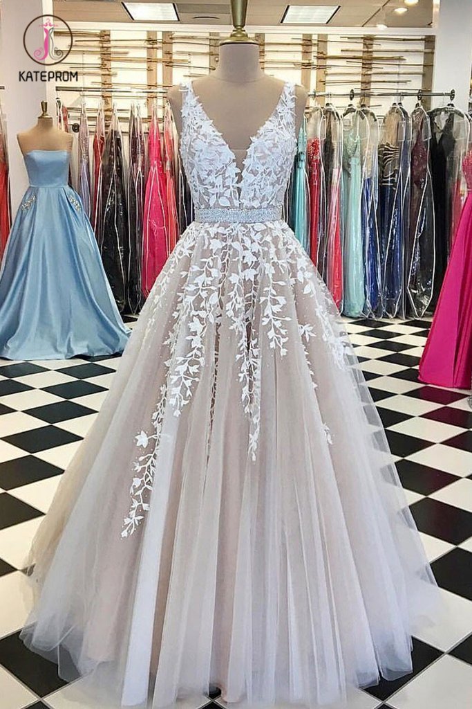 A Line Applique Tulle Prom Dress, Long V Neck Sleeveless Party Dress with Beading KPP0742