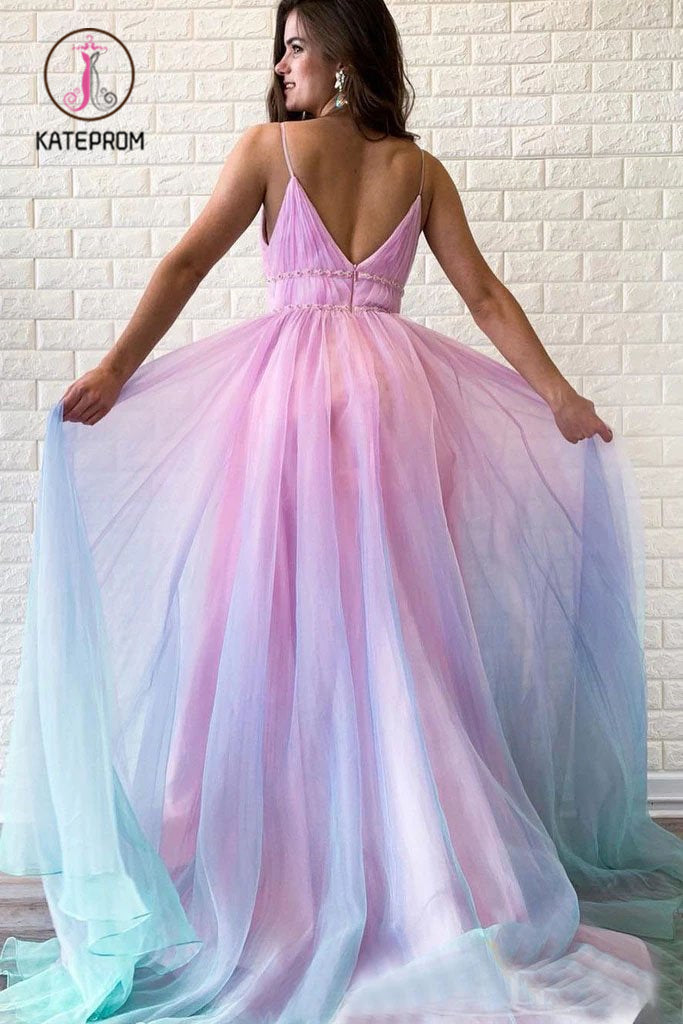 Ombre Spaghetti Straps Sleeveless A Line Prom Dress, Flowy Ombre Party Dresses KPP1013