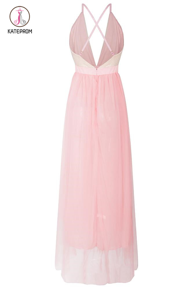 Spaghetti Strap V Neck Tulle Prom Dress with Sequins, Floor Length Backless Party Dress KPP0685