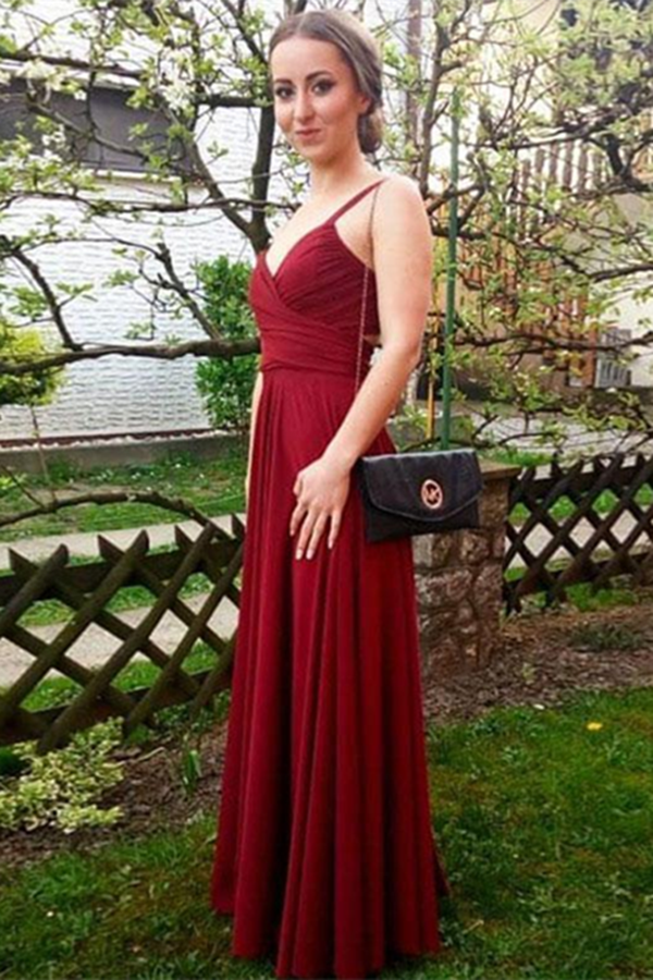 Simple Burgundy Straps Long Chiffon Prom Dress, Beautiful Party Dress KPP1415