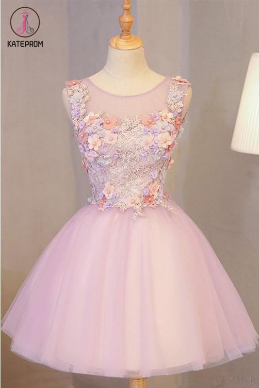 A Line Pink Tulle Homecoming Dress with Flowers, Short Prom Dress with Beads KPH0431