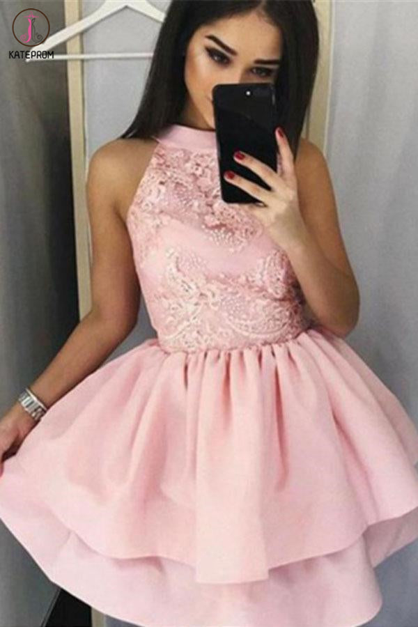 Pink Sleeveless A Line Mini Prom Dress, Two Layers Appliques Satin Homecoming Dress KPH0449