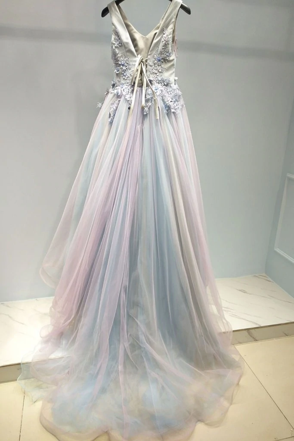 Beautiful Prom Dress A line V neck Applique Ombre Tulle Long Prom Dresses Evening Dress KPP1491