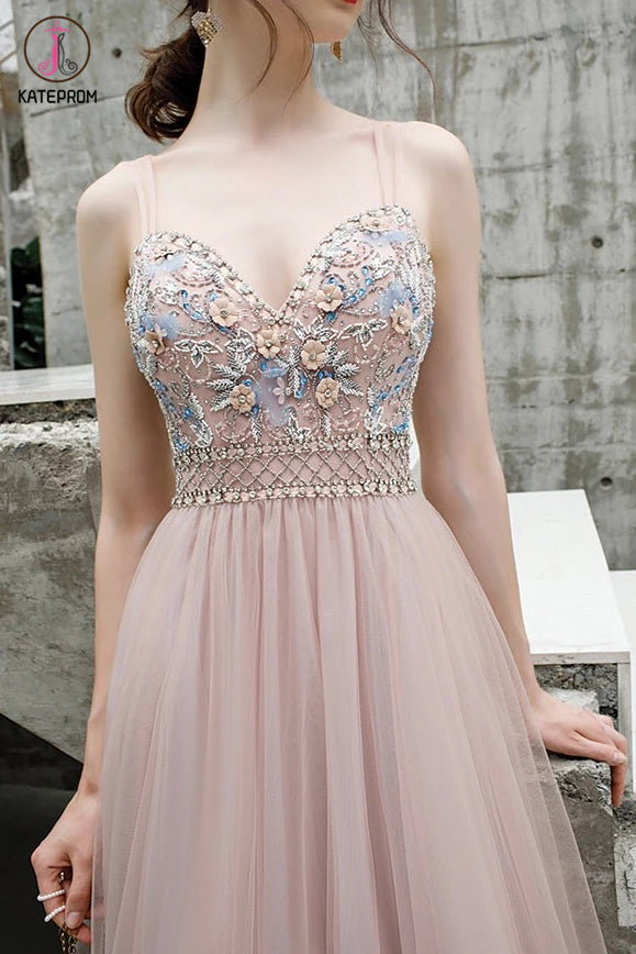 A Line Floor Length Spaghetti Straps Tulle Prom Dress with Beads KPP1289