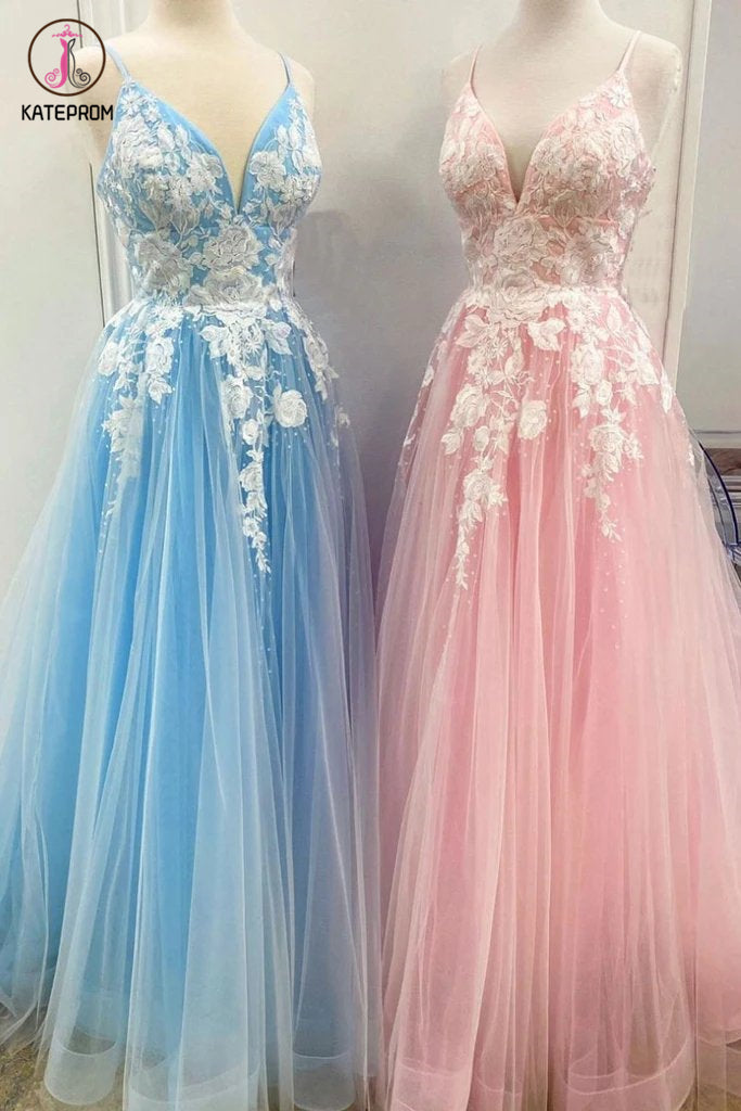 New Spaghetti Strap Floor Length A Line Tulle Prom Dress with Lace Appliques, Formal Dress KPP1302
