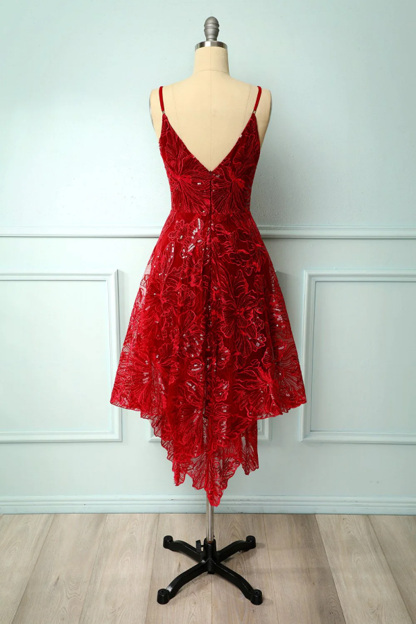 Burgundy v neck lace high low prom dress lace formal dress KPH0692