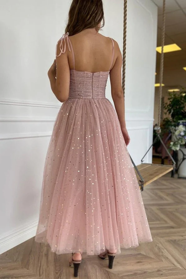 Straps Tea Length Pink Prom Dresses Tulle Homecoming Dresses KPH0634