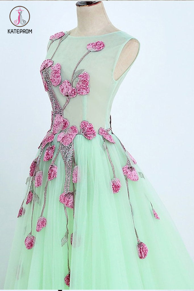 A Line Mint Green Sleeveless Tulle Formal Dress with Appliques, Long Tulle Prom Dress KPP0731