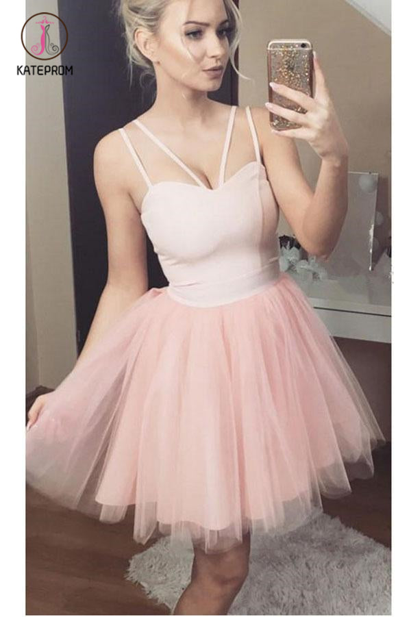 A Line Sexy Straps Tulle Pink Homecoming Dress, Cute Short Tulle Prom Dress KPH0348