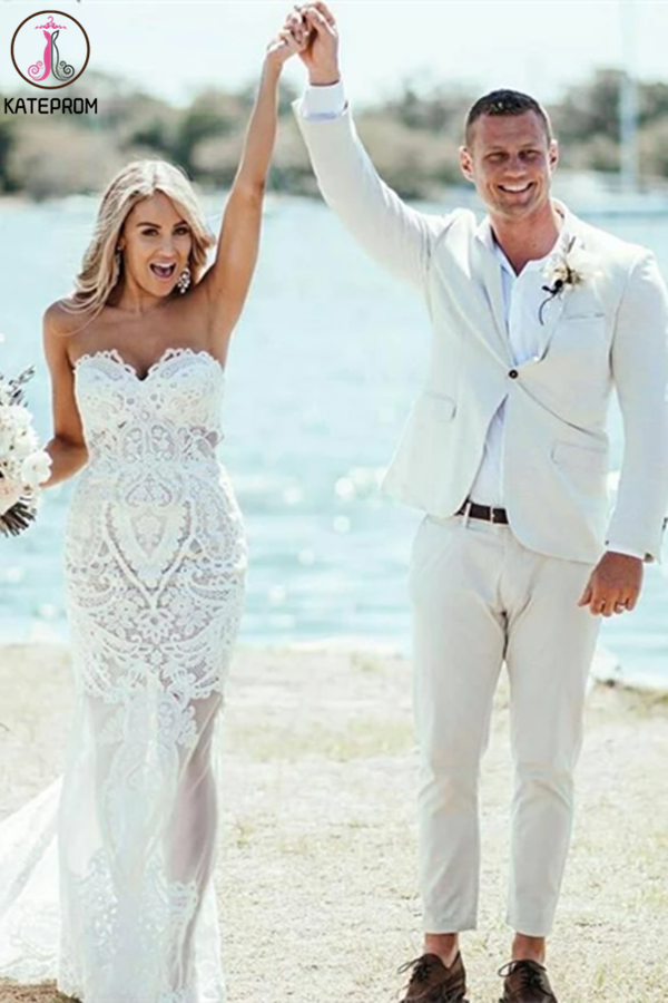 Sweetheart Sheath/Column Lace Appliques Beach Wedding Dress KPW0626