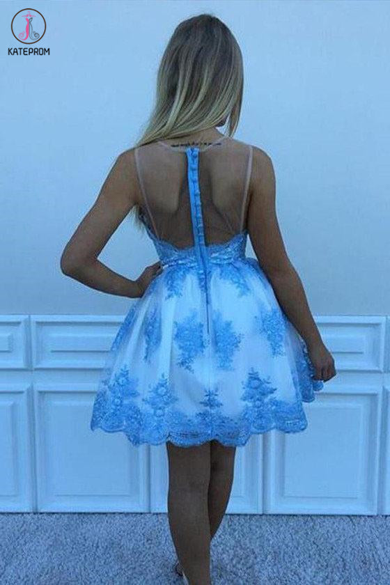 Blue Lace Appliqued Mini Homecoming Dress, A Line Sleeveless Tulle Short Prom Dress KPH0451