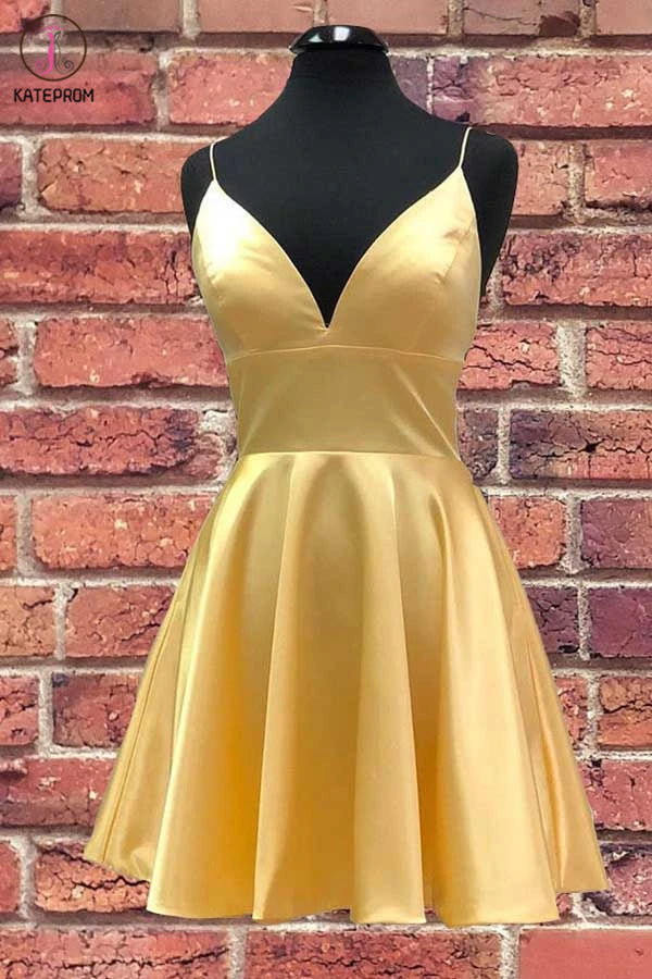 Yellow V Neck Satin Straps Homecoming Dresses Short Prom Dress KPH0491