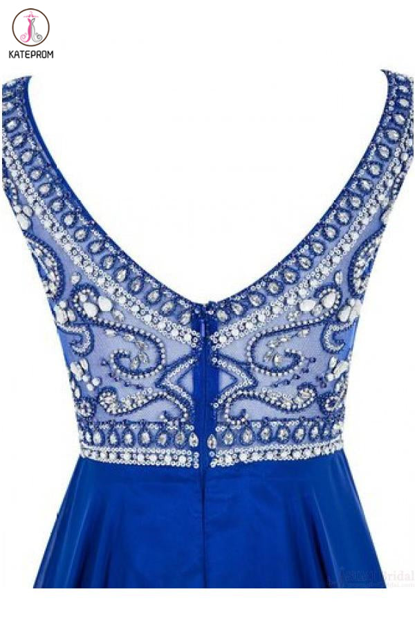 A Line Royal Blue Beading Bodice Knee Length Chiffon Homecoming Dresses KPH0447