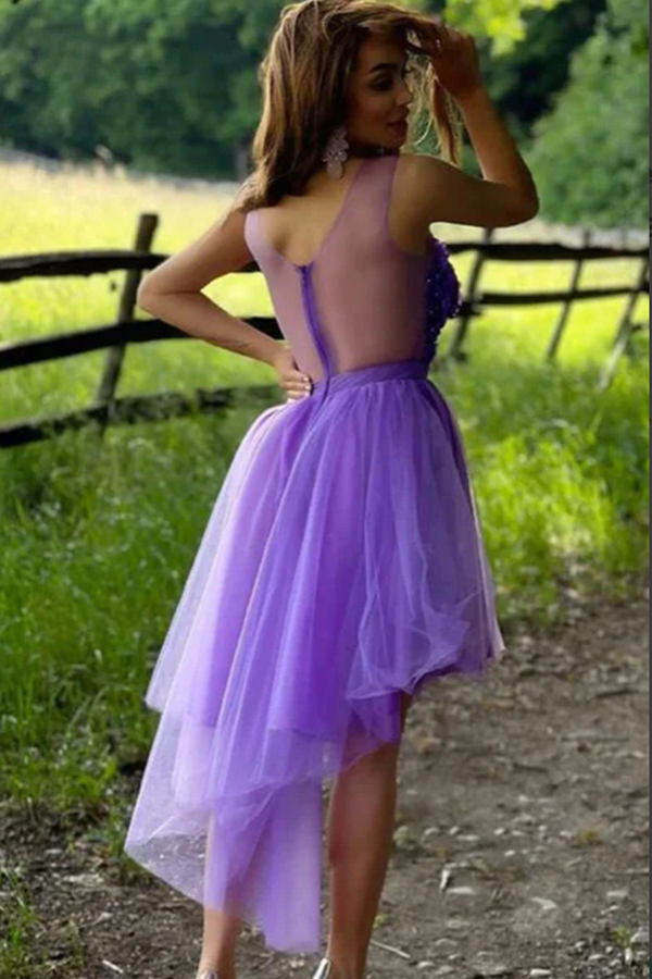 Purple Tulle A line High Low Hand Made Flowers Short Homecoming Dresses KPH0614
