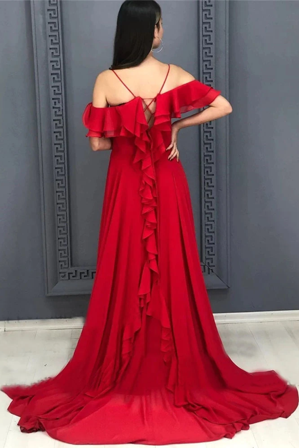 A Line Red Chiffon Prom Dresses Long Sexy Split Evening Party Gowns For Women KPP1384