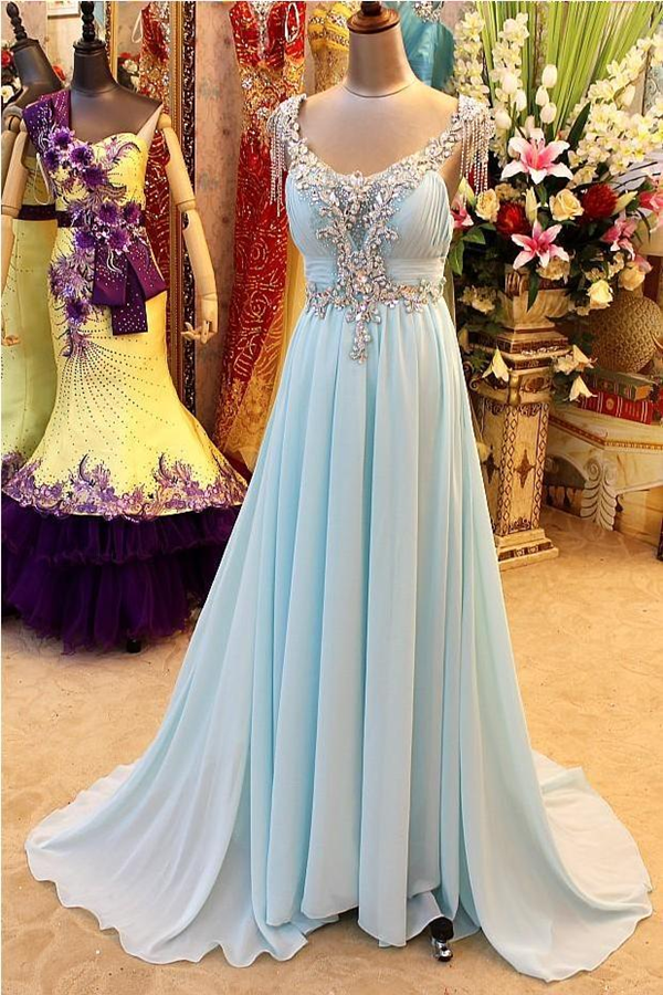 A Line Prom Dress V Neck Chiffon Crystal Party Gown KPP1522